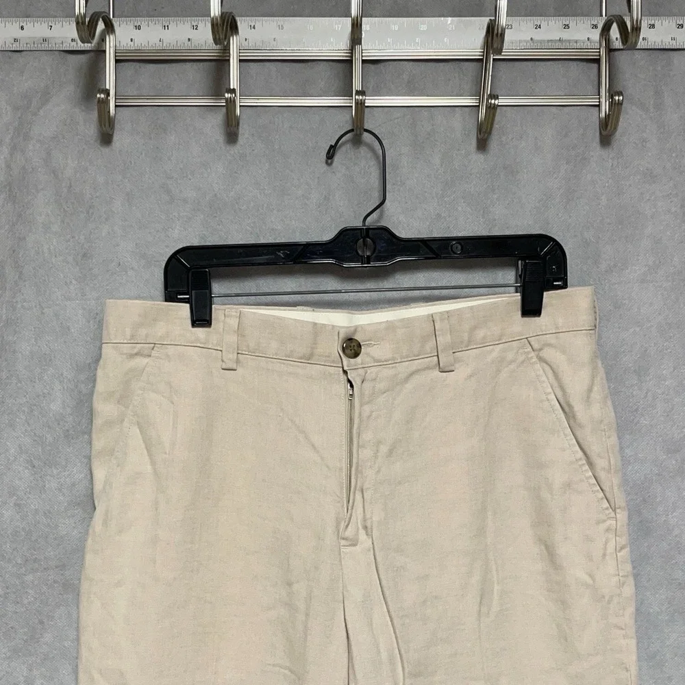 LL Bean Pants Men 34X32 Beige Cuff Straight Linen Baggy Coastal Academia Resort